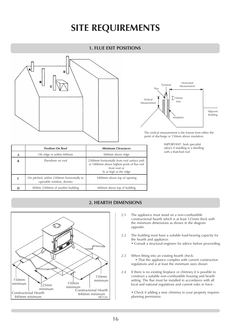 Site requirements, Hearth dimensions, Flue exit positions | Yeoman EXMOOR YM-W9001FL User Manual | Page 16 / 35