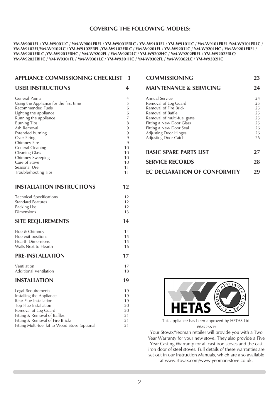 Covering the following models, Installation instructions 12, Site requirements 14 | Pre-installation 17, Installation 19, Commissioning 23 maintenance & servicing 24 | Yeoman EXMOOR YM-W9001FL User Manual | Page 2 / 35