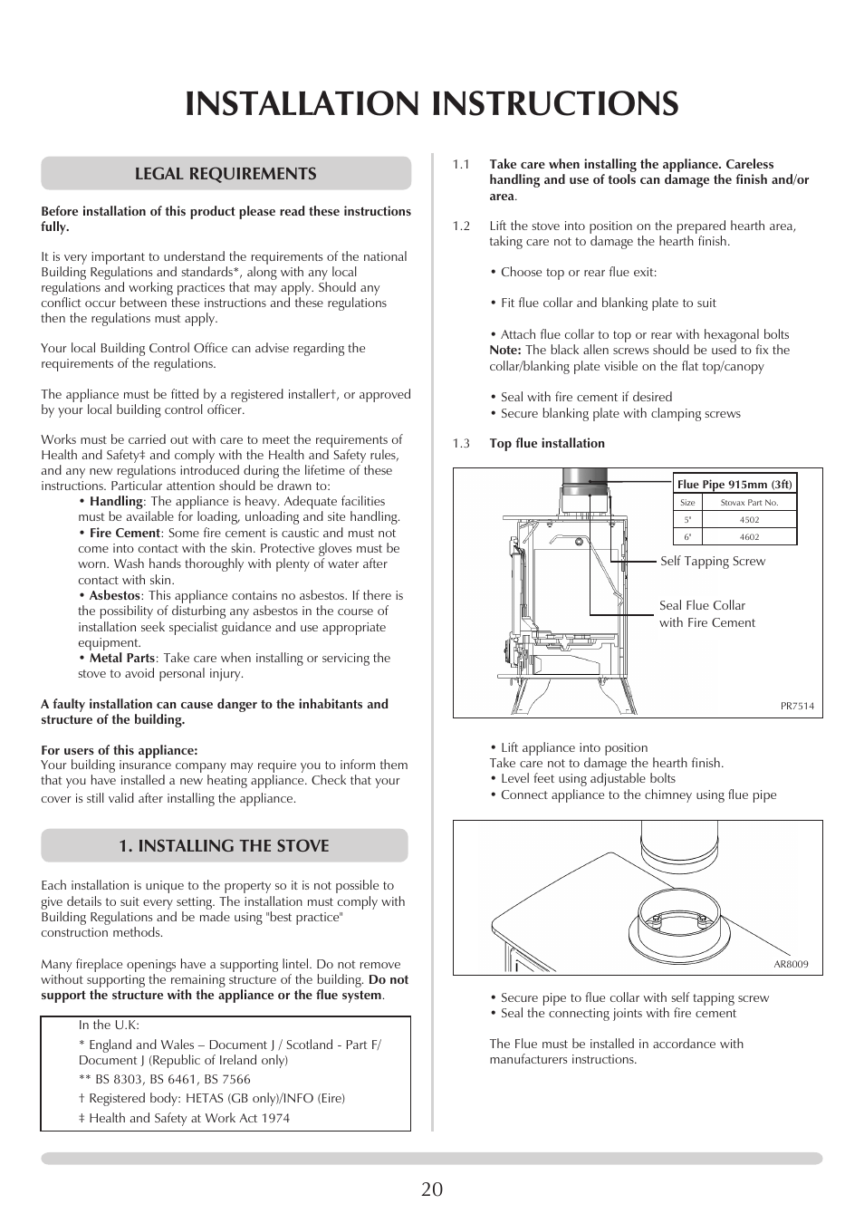 Installation instructions, Legal requirements, Installing the stove | Yeoman EXMOOR YM-W9001FL User Manual | Page 20 / 35