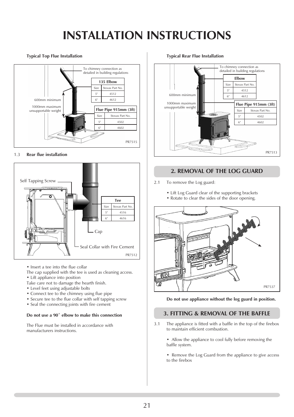 Installation instructions, Removal of the log guard, Fitting & removal of the baffle | Yeoman EXMOOR YM-W9001FL User Manual | Page 21 / 35