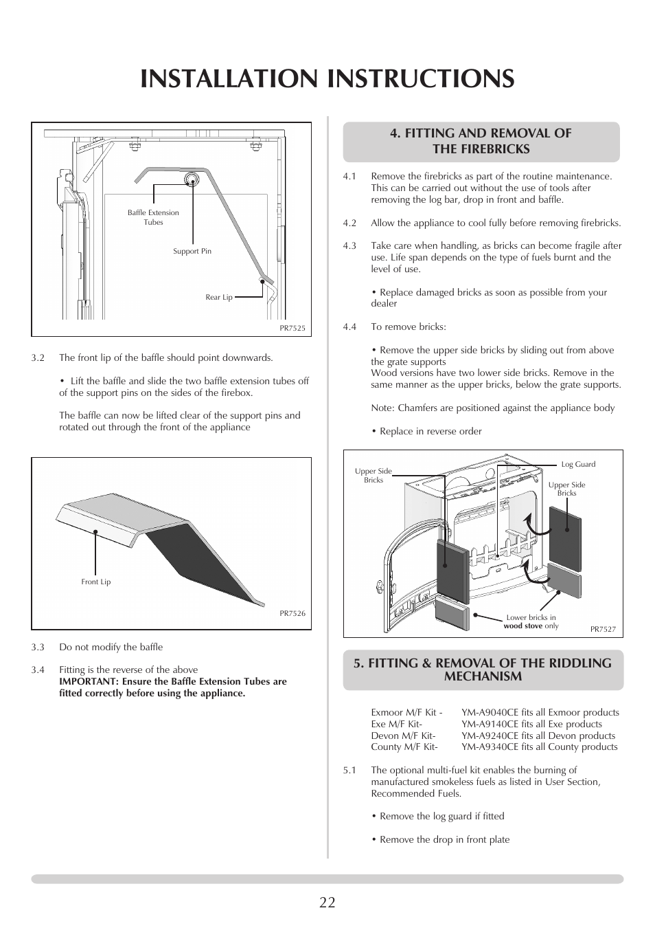 Installation instructions, Fitting and removal of the firebricks, Fitting & removal of the riddling mechanism | Yeoman EXMOOR YM-W9001FL User Manual | Page 22 / 35