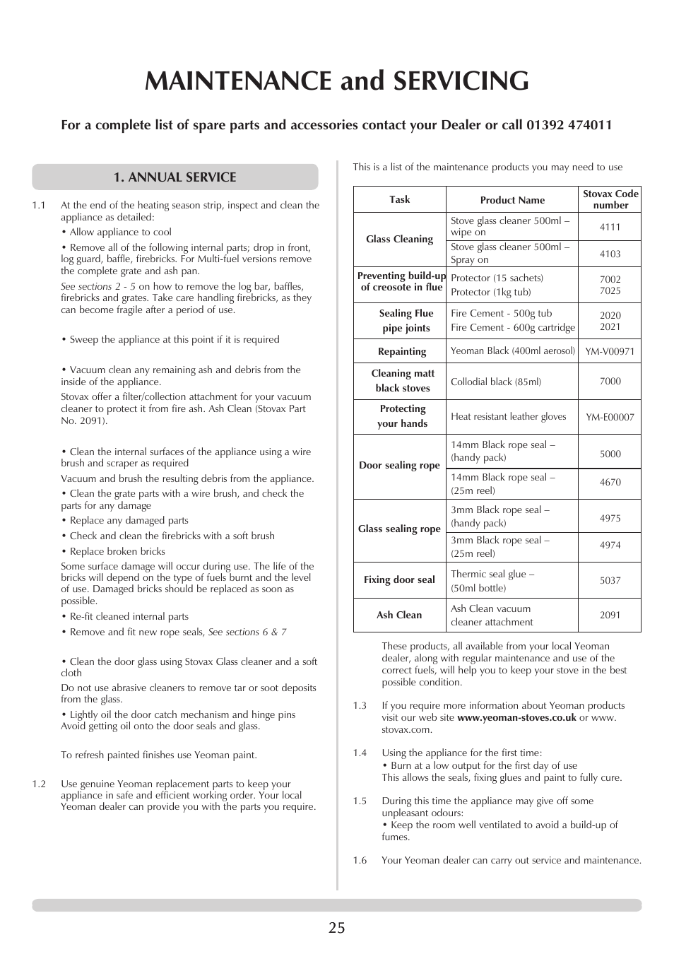 Maintenance and servicing, Annual service | Yeoman EXMOOR YM-W9001FL User Manual | Page 25 / 35