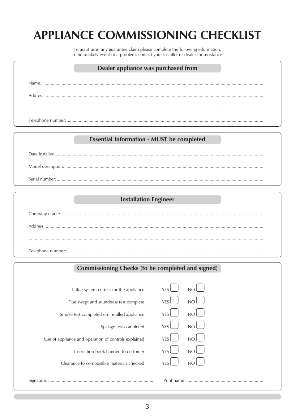 Appliance commissioning checklist | Yeoman EXMOOR YM-W9001FL User Manual | Page 3 / 35
