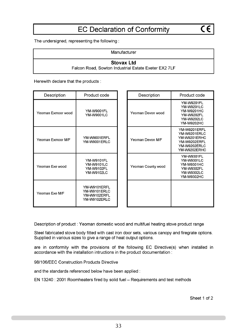 Yeoman EXMOOR YM-W9001FL User Manual | Page 33 / 35