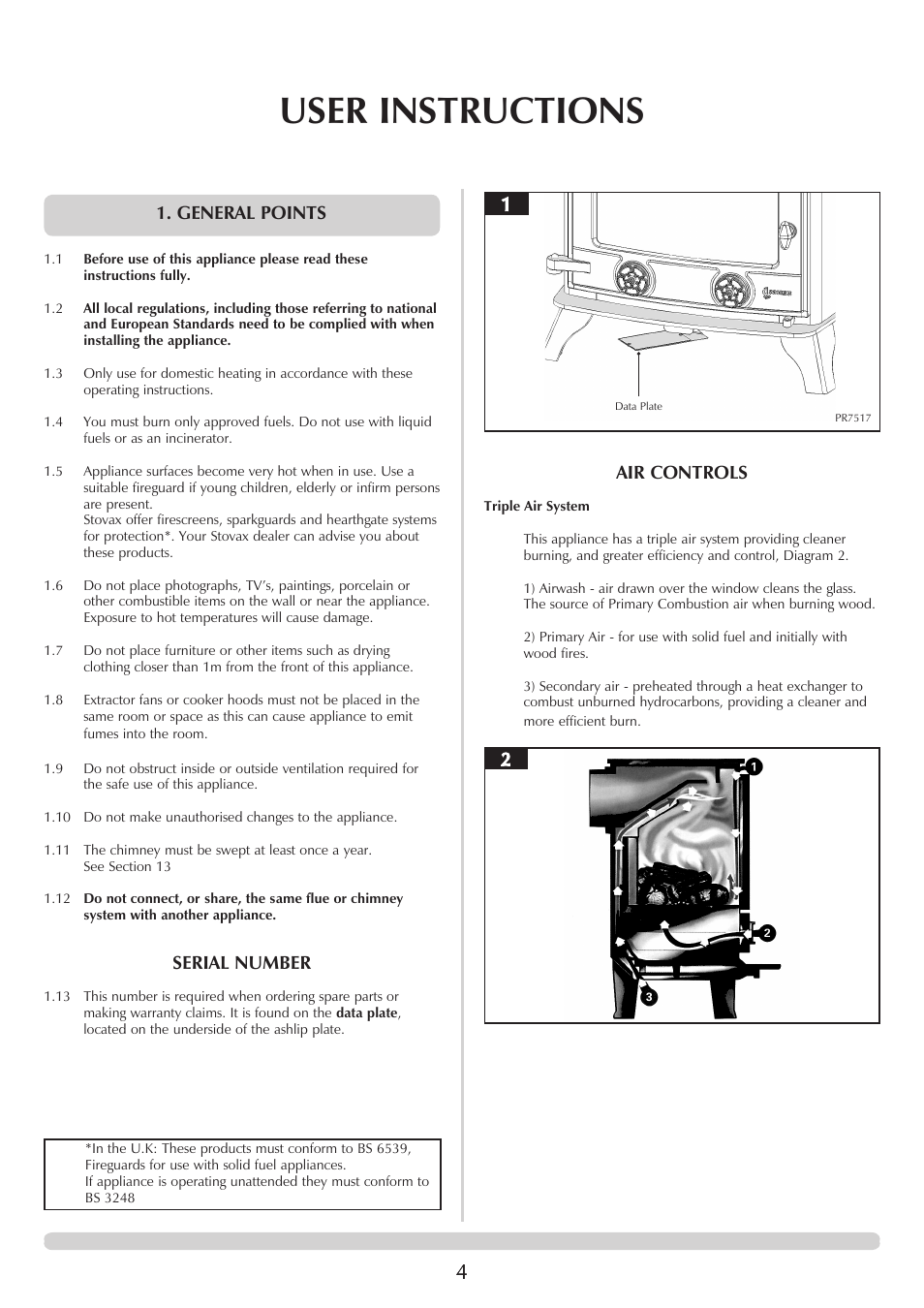 User instructions, General points, Serial number | Air controls | Yeoman EXMOOR YM-W9001FL User Manual | Page 4 / 35
