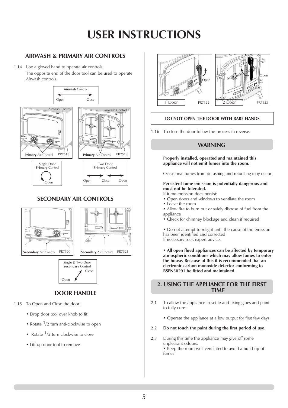 User instructions, Airwash & primary air controls, Secondary air controls | Door handle, Warning, Using the appliance for the first time | Yeoman EXMOOR YM-W9001FL User Manual | Page 5 / 35