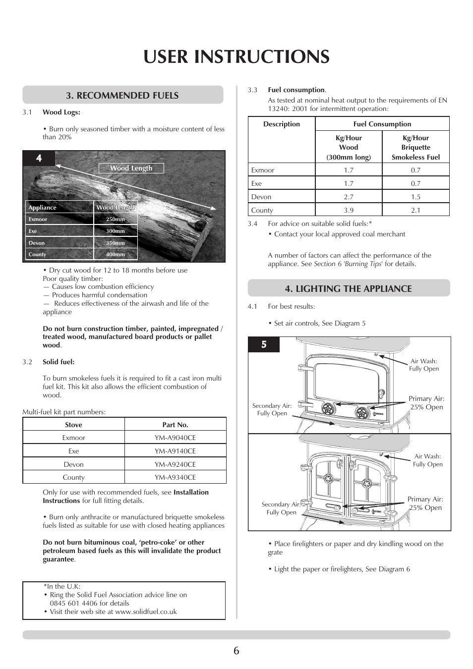 User instructions, Recommended fuels, Lighting the appliance | Yeoman EXMOOR YM-W9001FL User Manual | Page 6 / 35