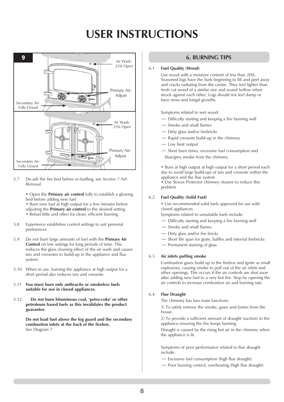 User instructions, Burning tips | Yeoman EXMOOR YM-W9001FL User Manual | Page 8 / 35