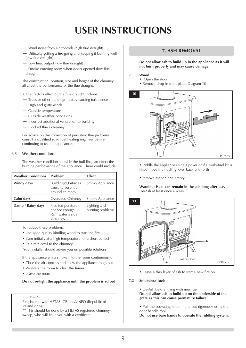 User instructions, Ash removal | Yeoman EXMOOR YM-W9001FL User Manual | Page 9 / 35