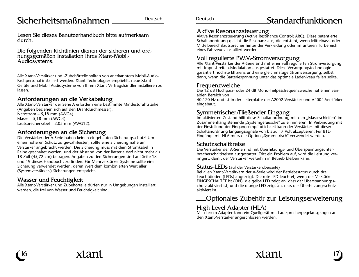 Sicherheitsmaßnahmen, Standardfunktionen | Xtant A4004 User Manual | Page 10 / 16