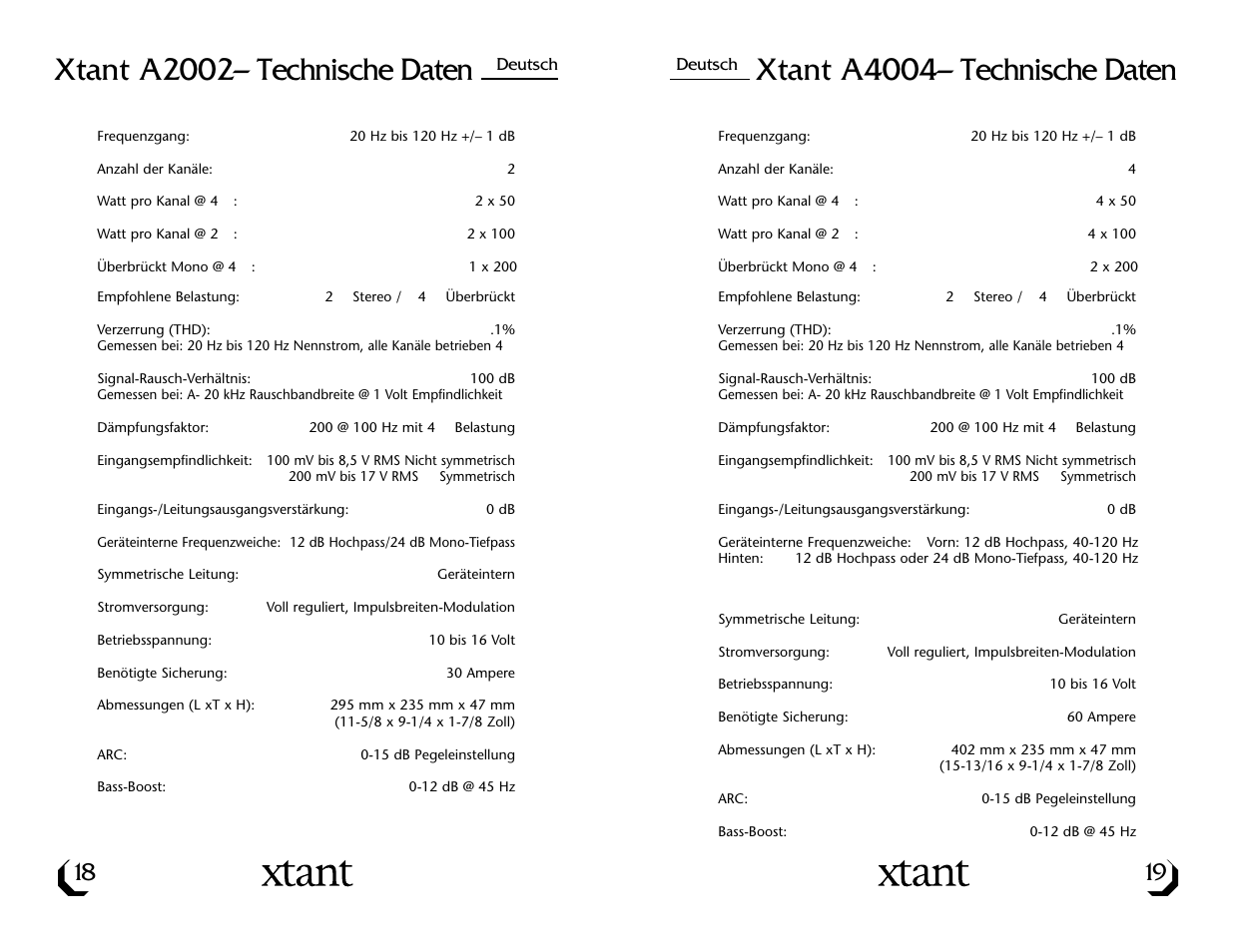 Xtant a4004– technische daten, Xtant a2002– technische daten | Xtant A4004 User Manual | Page 11 / 16