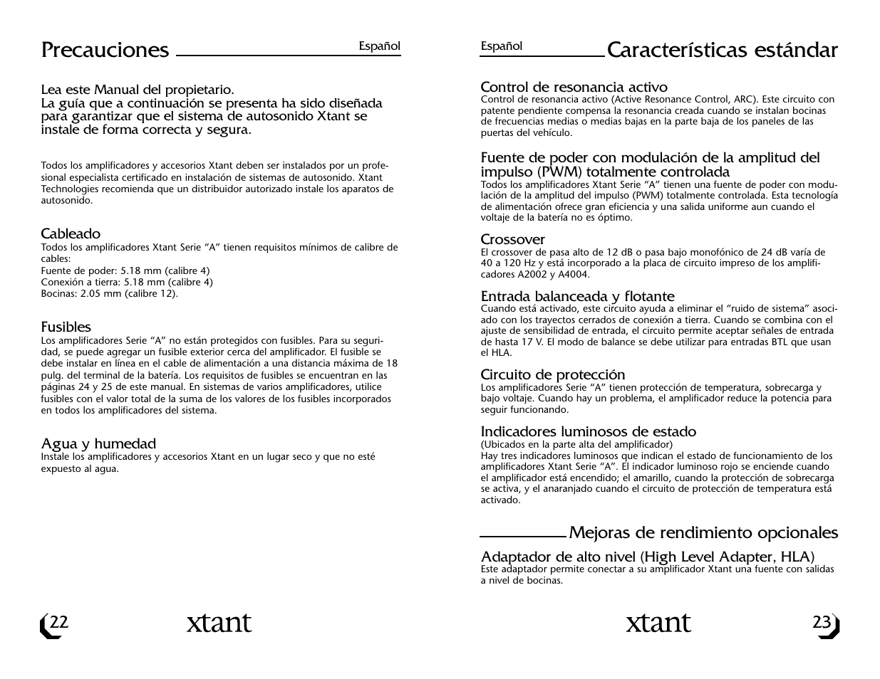 Características estándar, Precauciones | Xtant A4004 User Manual | Page 13 / 16