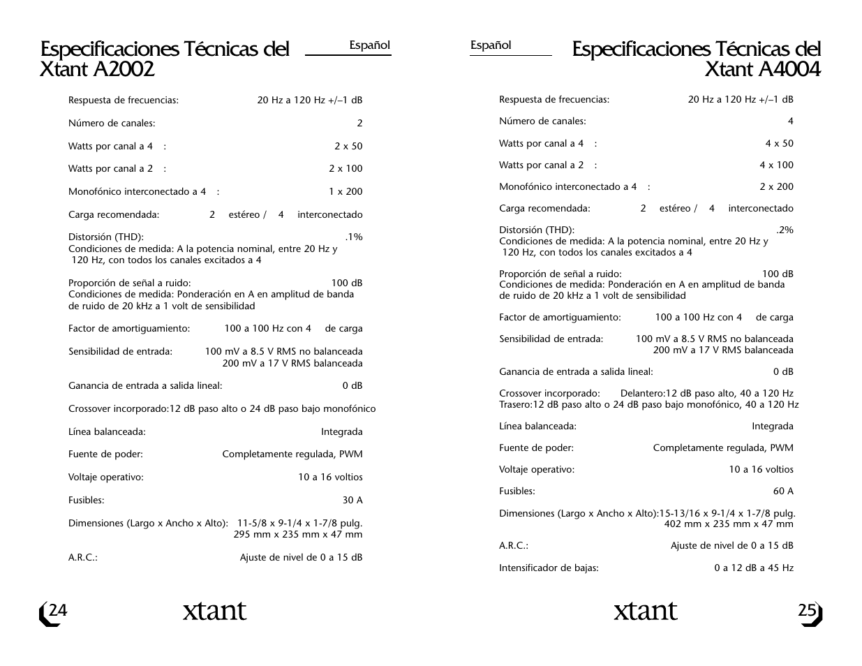 Especificaciones técnicas del xtant a4004, Especificaciones técnicas del xtant a2002 | Xtant A4004 User Manual | Page 14 / 16