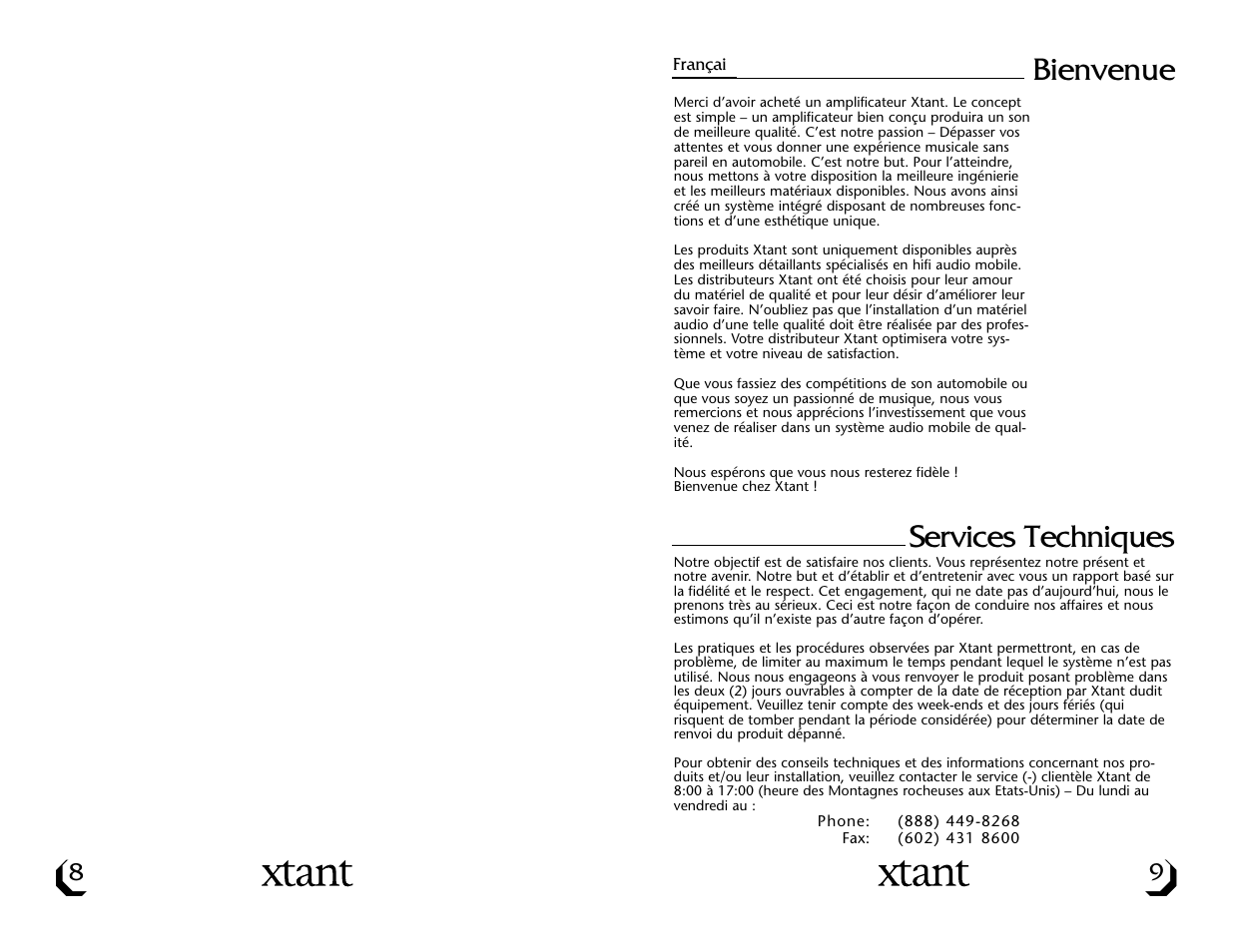 Services techniques, Bienvenue | Xtant A4004 User Manual | Page 6 / 16