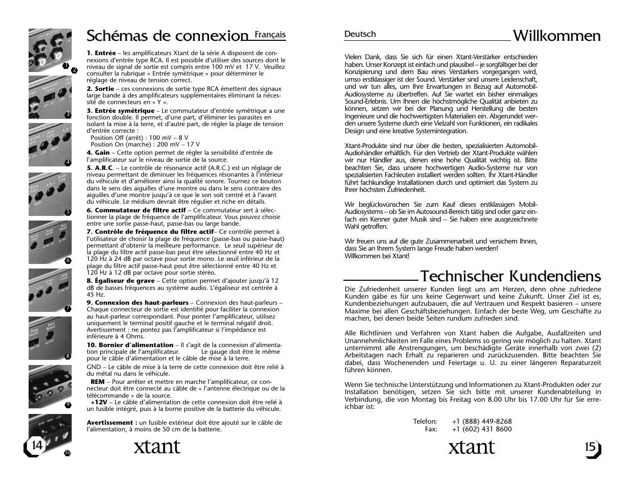 Schémas de connexion, Technischer kundendiens, Willkommen | Xtant A4004 User Manual | Page 9 / 16