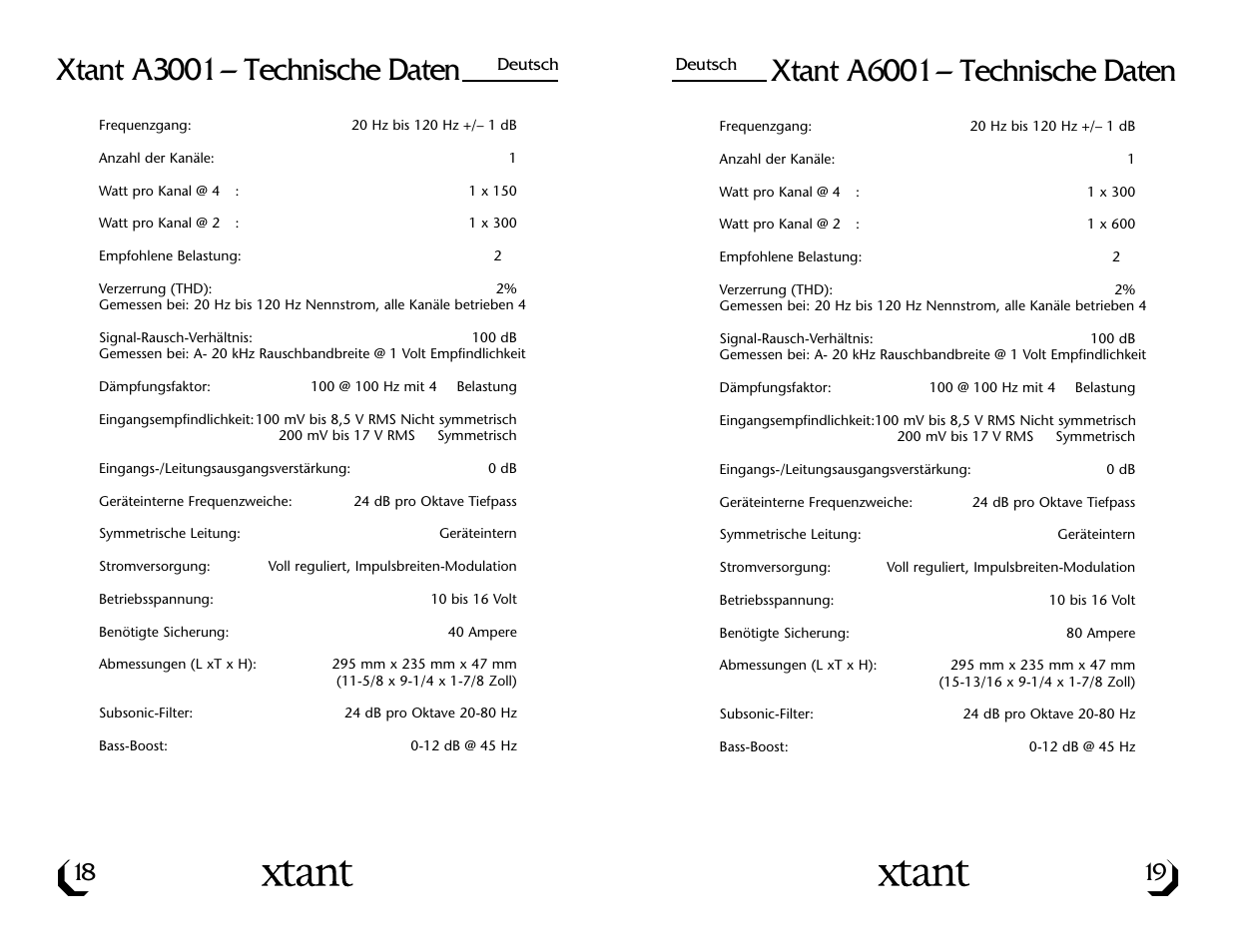 Xtant a6001 – technische daten, Xtant a3001 – technische daten | Xtant A3001/A6001 User Manual | Page 11 / 16