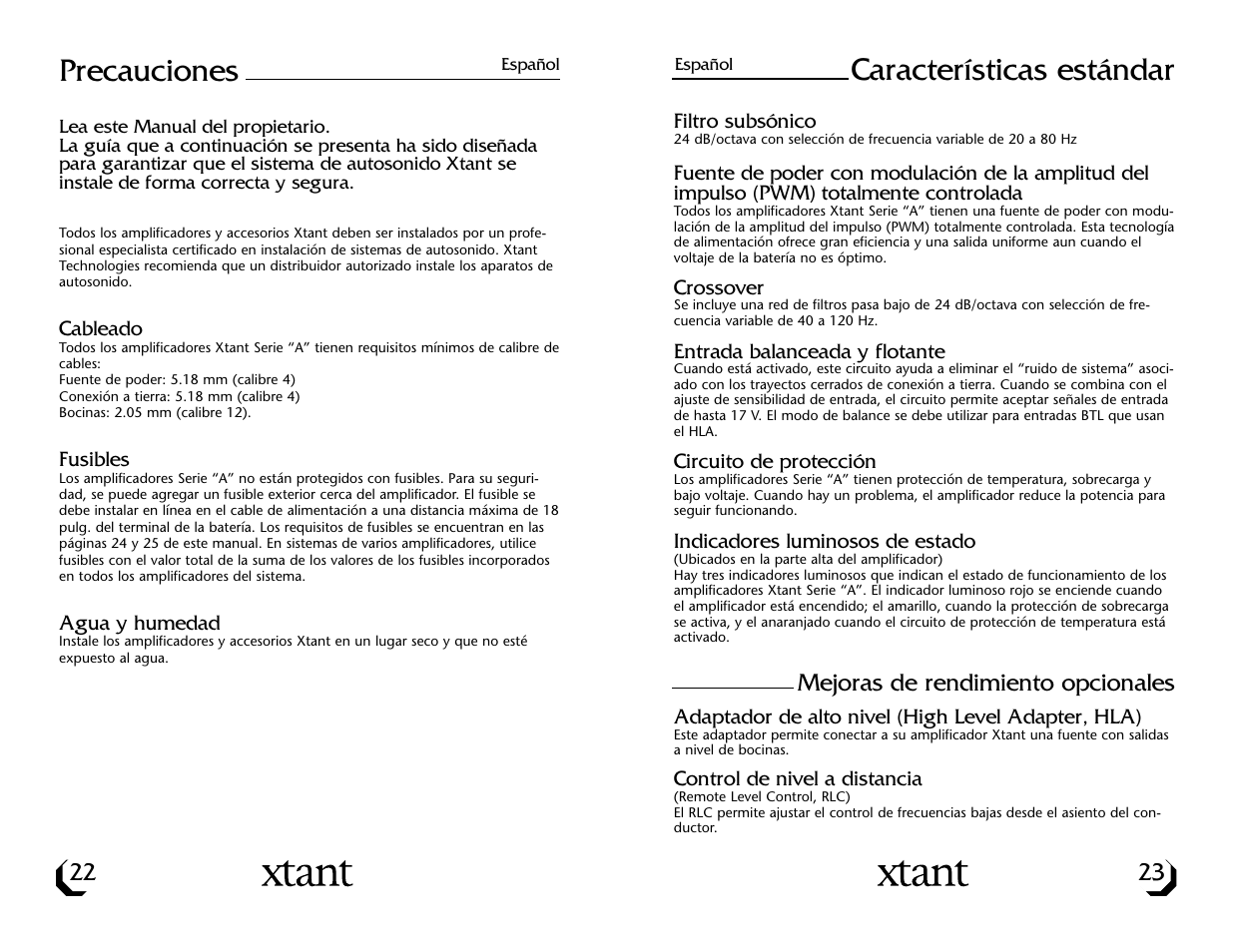 Características estándar, Precauciones | Xtant A3001/A6001 User Manual | Page 13 / 16