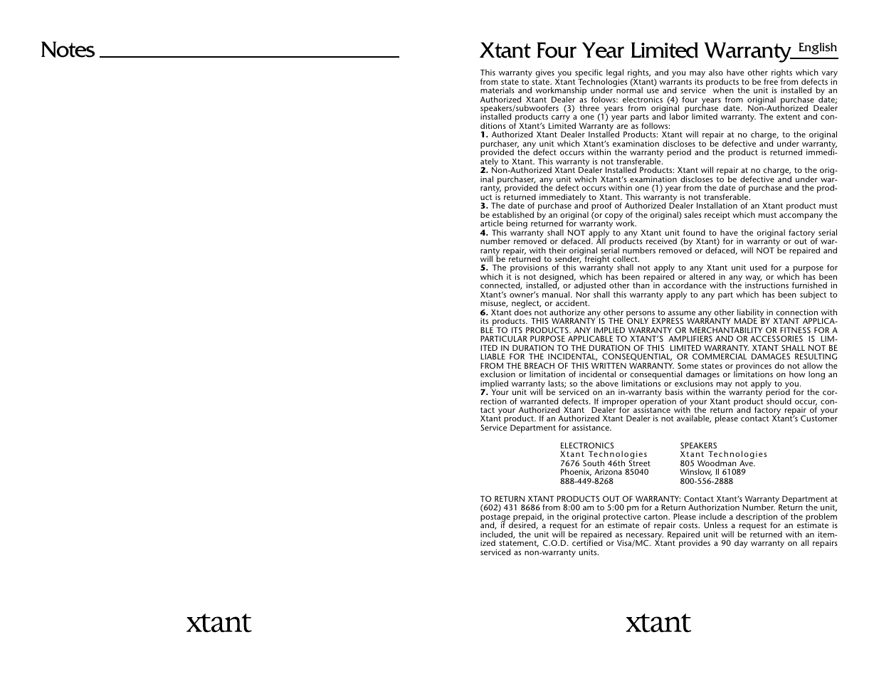 Xtant four year limited warranty | Xtant A3001/A6001 User Manual | Page 16 / 16