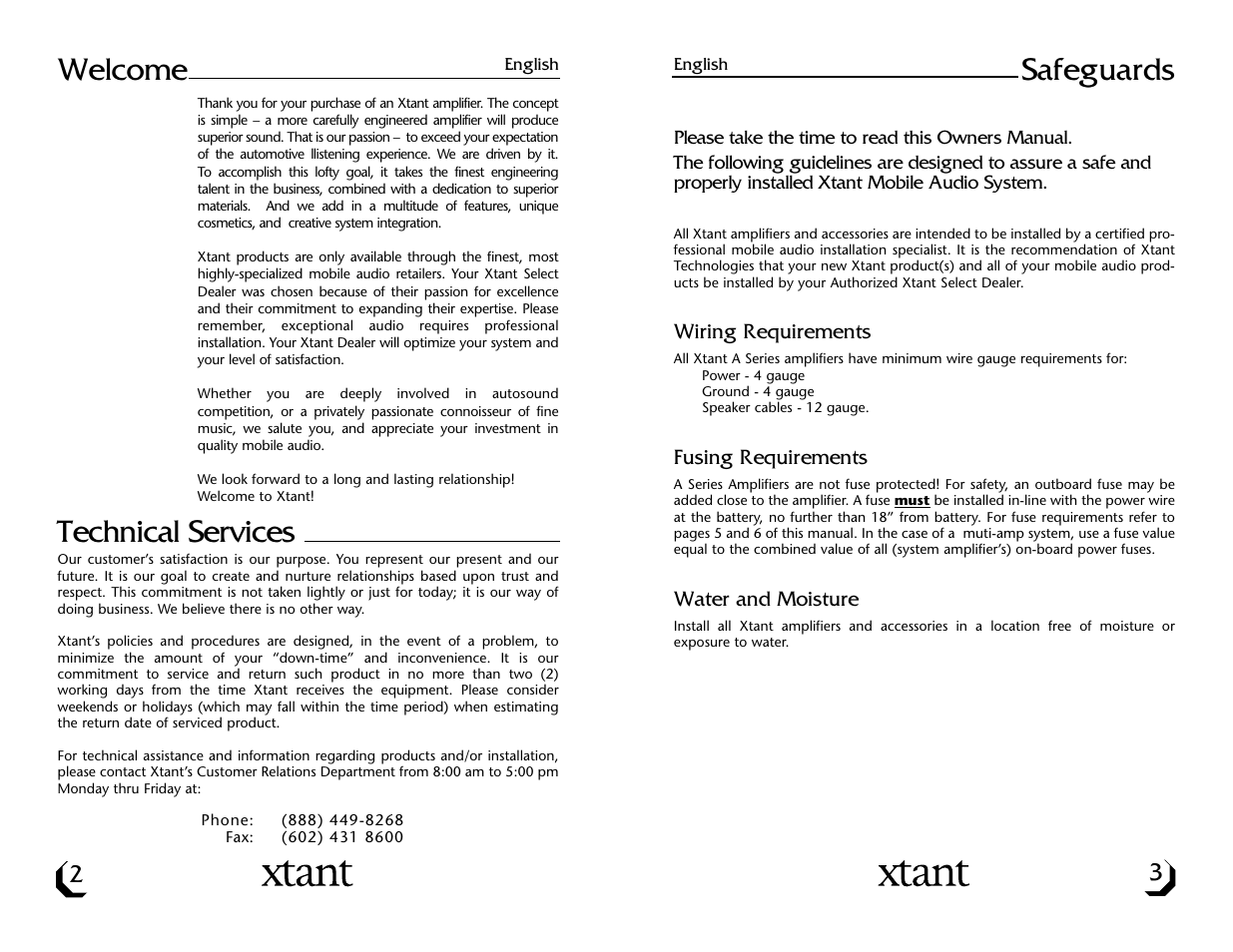 Technical services, Welcome, Safeguards | Xtant A3001/A6001 User Manual | Page 3 / 16