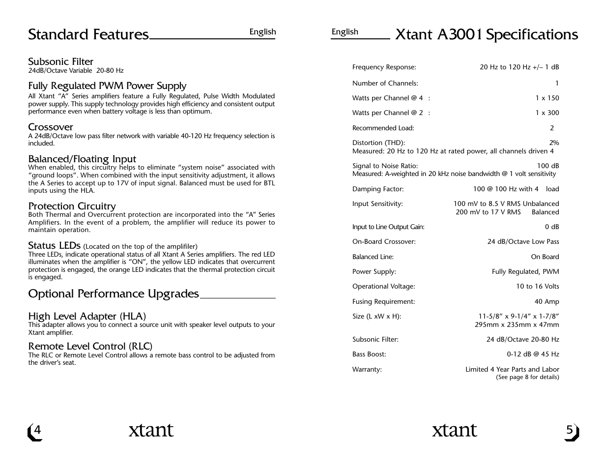 Standard features, Xtant a3001 specifications, Optional performance upgrades | Xtant A3001/A6001 User Manual | Page 4 / 16