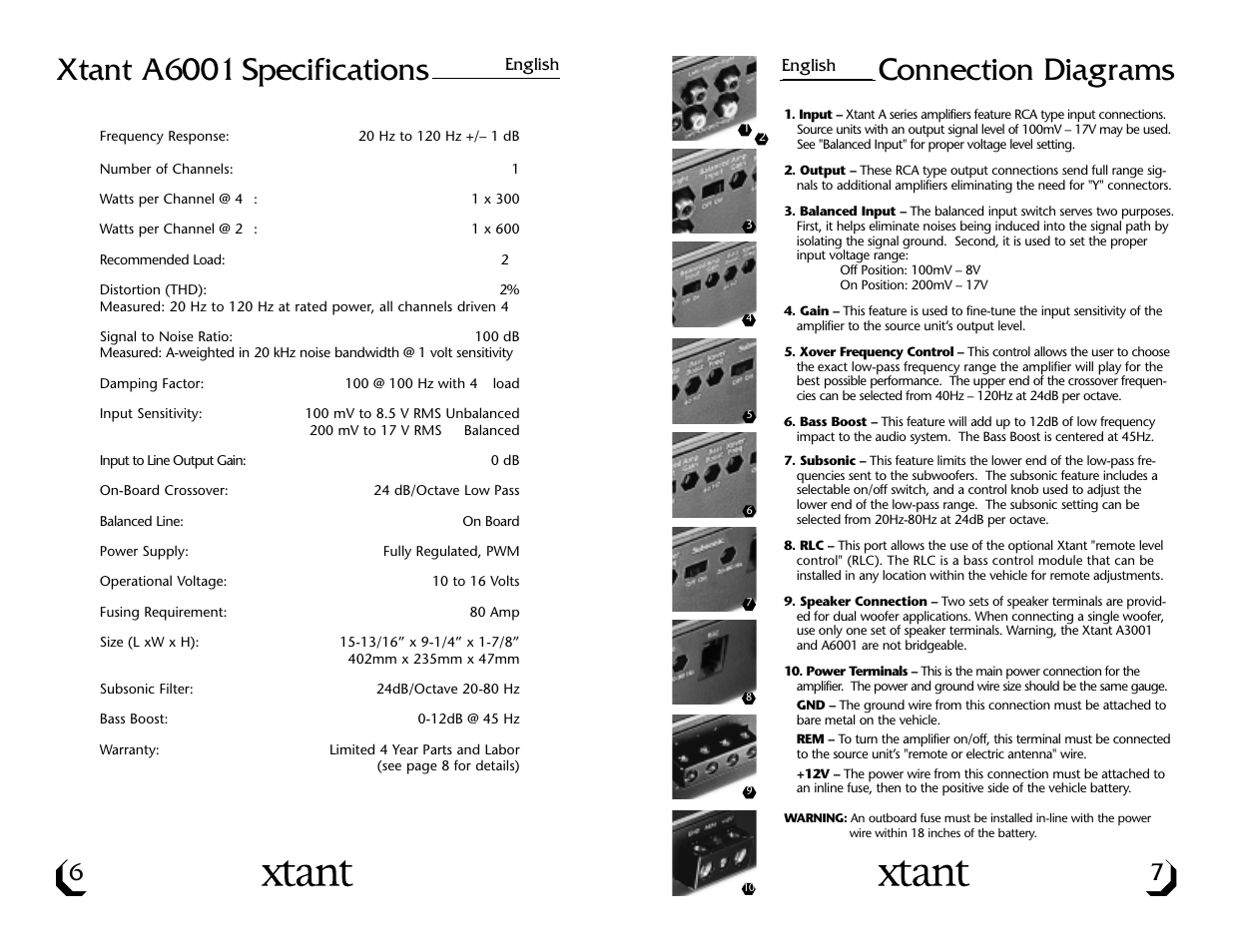 Connection diagrams, Xtant a6001 specifications | Xtant A3001/A6001 User Manual | Page 5 / 16