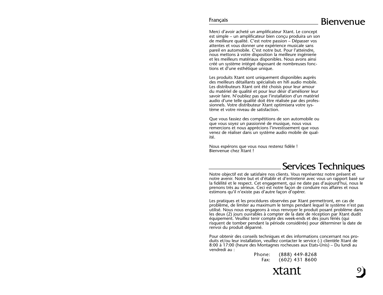 Services techniques, Bienvenue | Xtant A3001/A6001 User Manual | Page 6 / 16