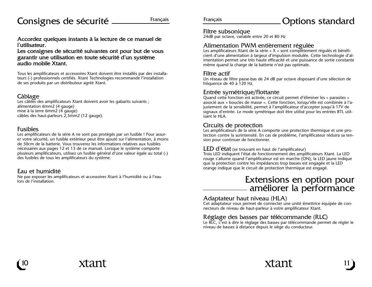 Consignes de sécurité, Options standard, Extensions en option pour améliorer la performance | Xtant A3001/A6001 User Manual | Page 7 / 16