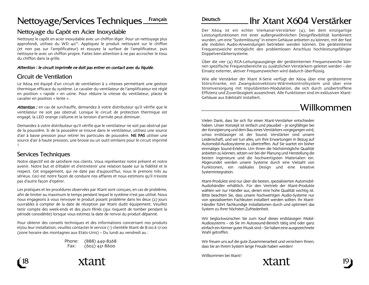 Nettoyage/services techniques, Ihr xtant x604 verstärker, Willkommen | Xtant X604 User Manual | Page 11 / 19