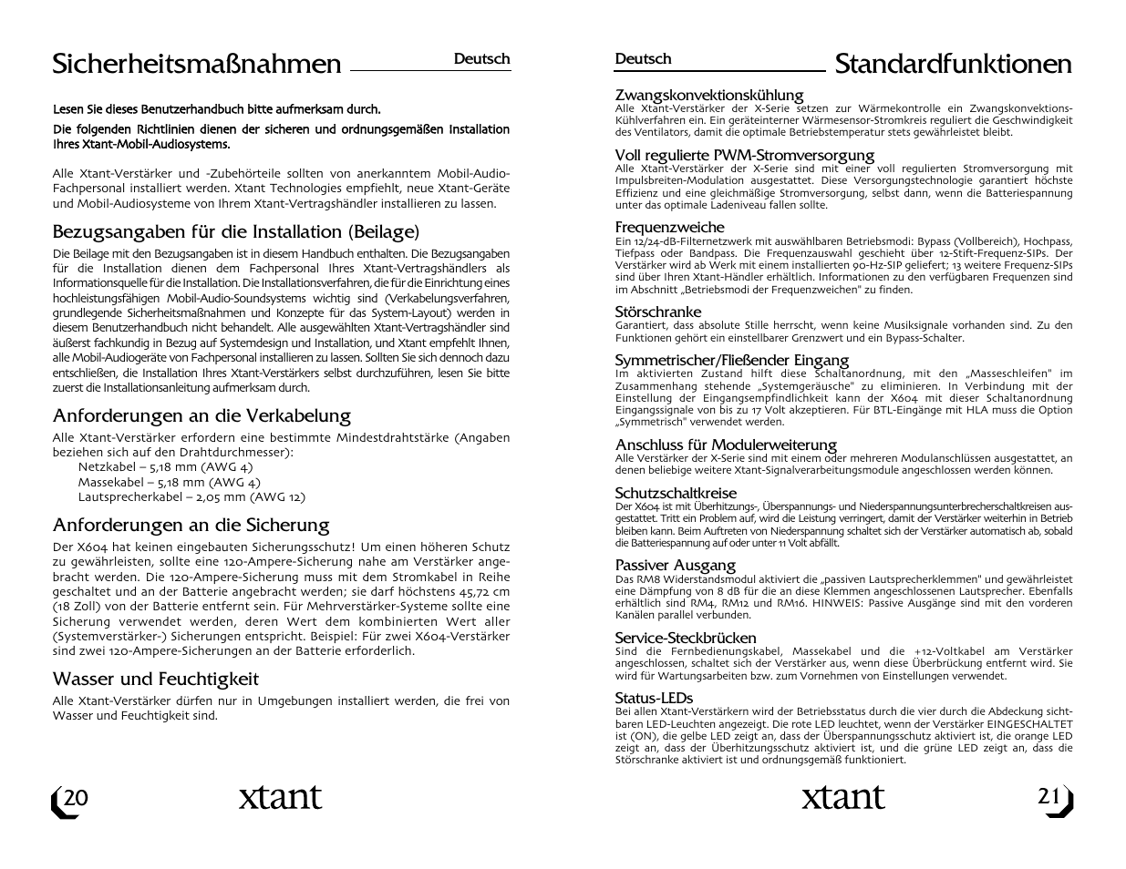 Sicherheitsmaßnahmen, Standardfunktionen | Xtant X604 User Manual | Page 12 / 19
