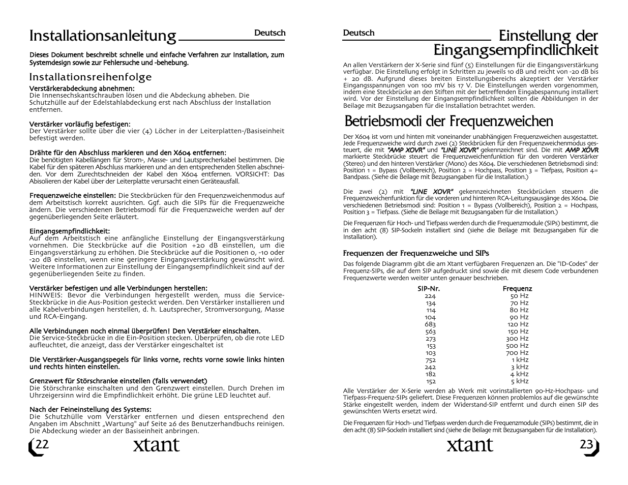 Einstellung der eingangsempfindlichkeit, Betriebsmodi der frequenzweichen, Installationsanleitung | Xtant X604 User Manual | Page 13 / 19
