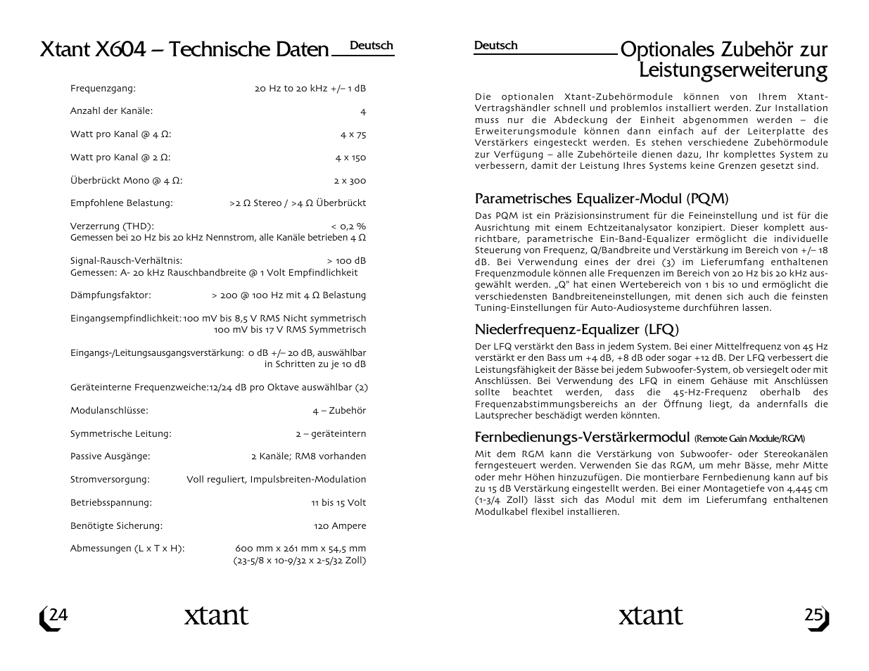 Xtant x604 – technische daten, Optionales zubehör zur leistungserweiterung | Xtant X604 User Manual | Page 14 / 19