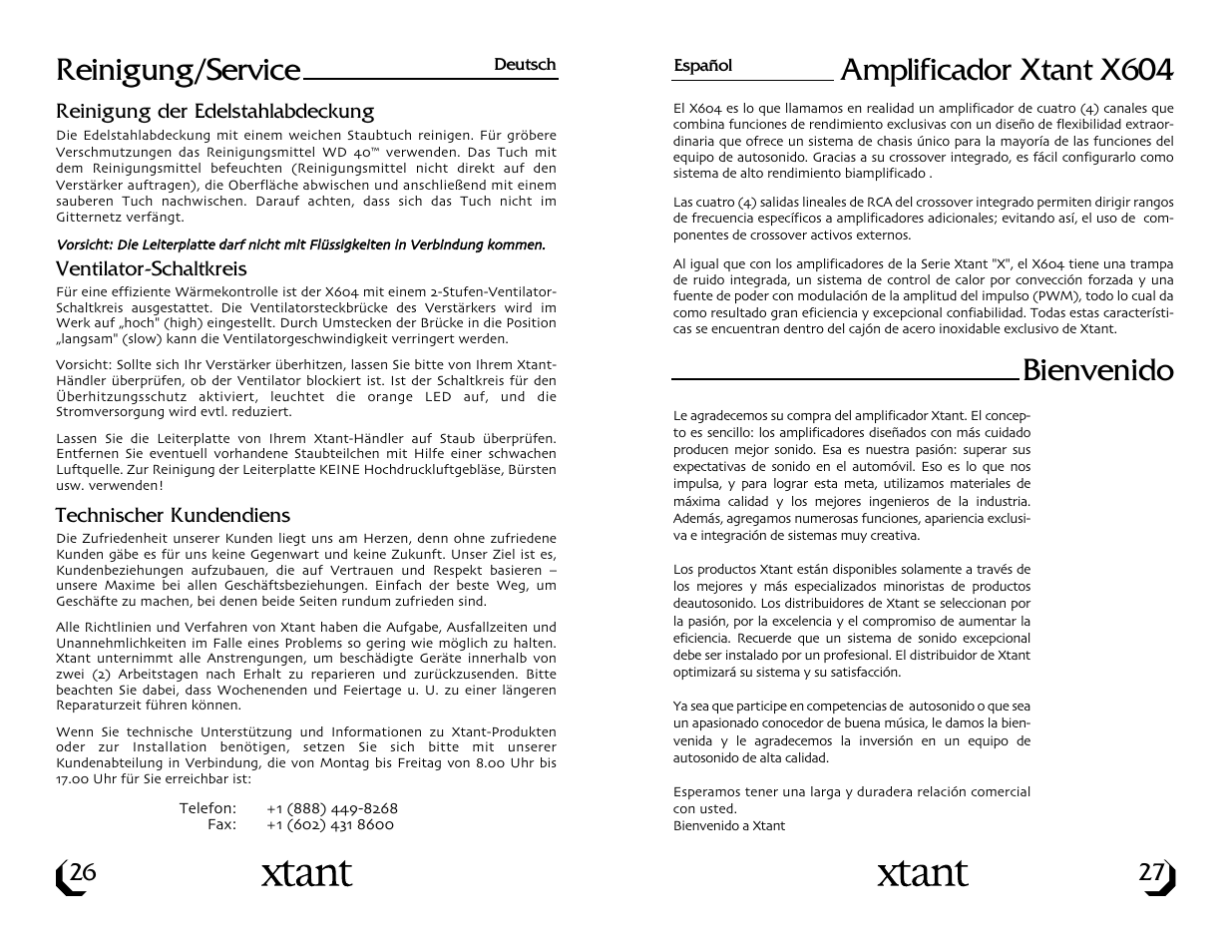 Bienvenido, Reinigung/service, Amplificador xtant x604 | Xtant X604 User Manual | Page 15 / 19
