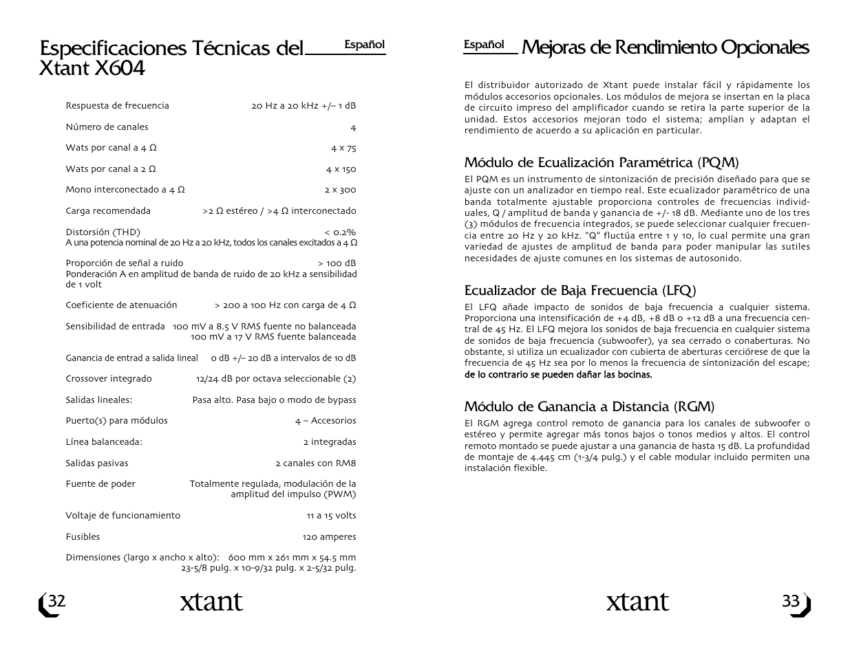 Especificaciones técnicas del xtant x604, Mejoras de rendimiento opcionales | Xtant X604 User Manual | Page 18 / 19