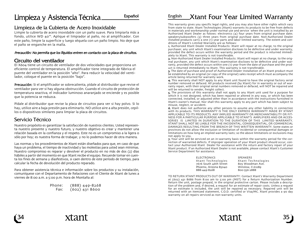 Limpieza y asistencia técnica, Xtant four year limited warranty | Xtant X604 User Manual | Page 19 / 19