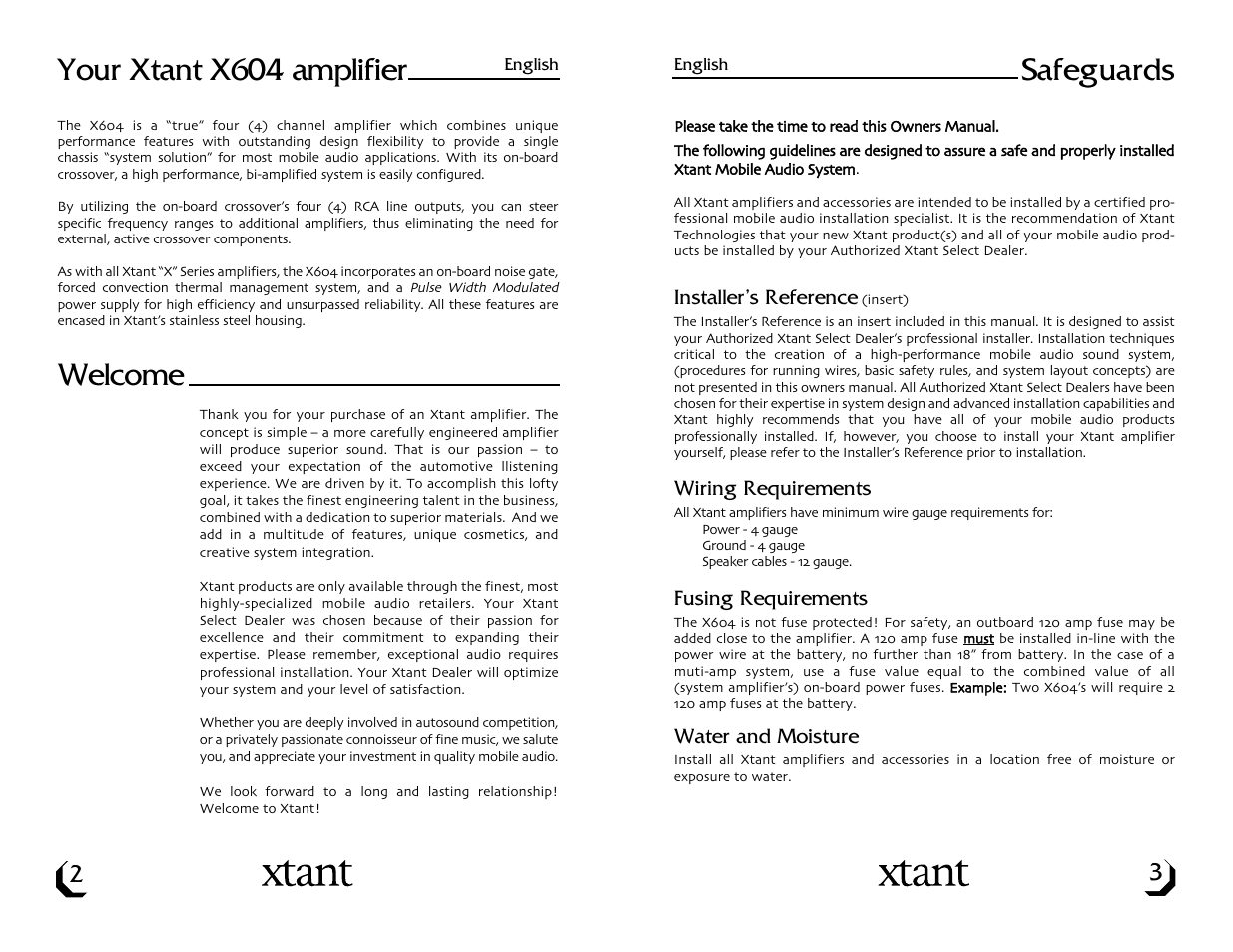 Your xtant x604 amplifier, Welcome, Safeguards | Xtant X604 User Manual | Page 3 / 19