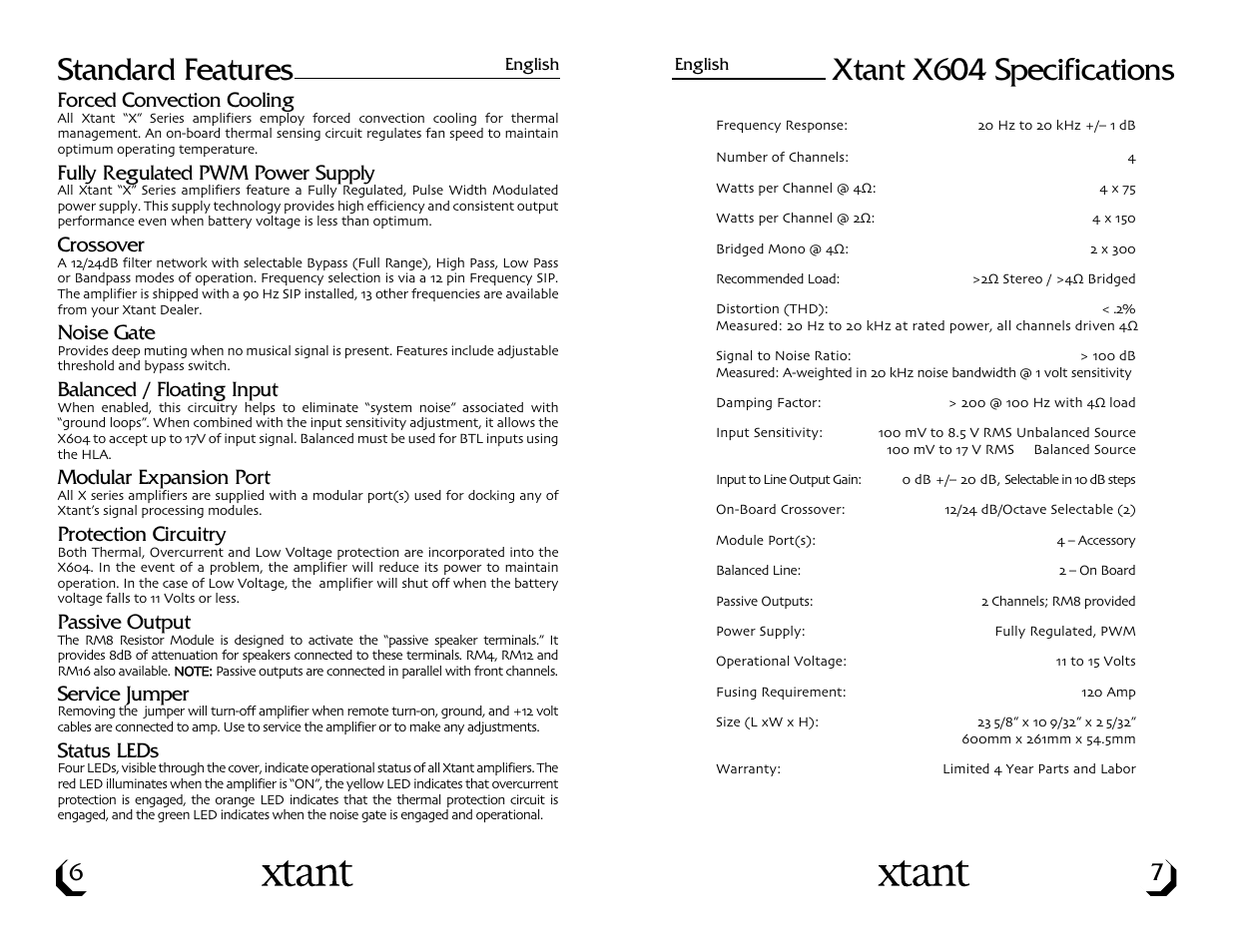 Standard features, Xtant x604 specifications | Xtant X604 User Manual | Page 5 / 19