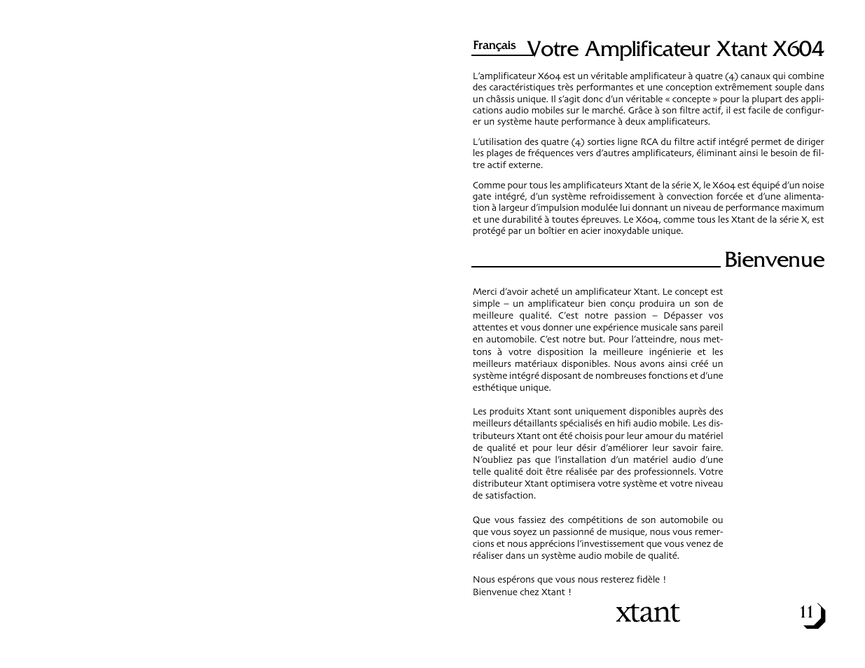 Votre amplificateur xtant x604, Bienvenue | Xtant X604 User Manual | Page 7 / 19