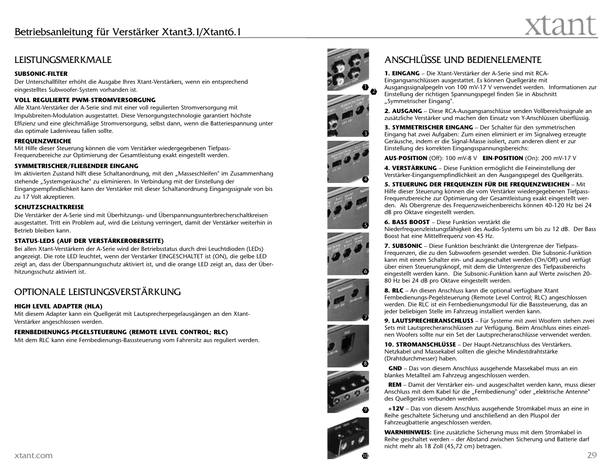 Betriebsanleitung für verstärker xtant3.1/xtant6.1, Anschlüsse und bedienelemente, Leistungsmerkmale | Optionale leistungsverstärkung | Xtant 6.1 User Manual | Page 15 / 19