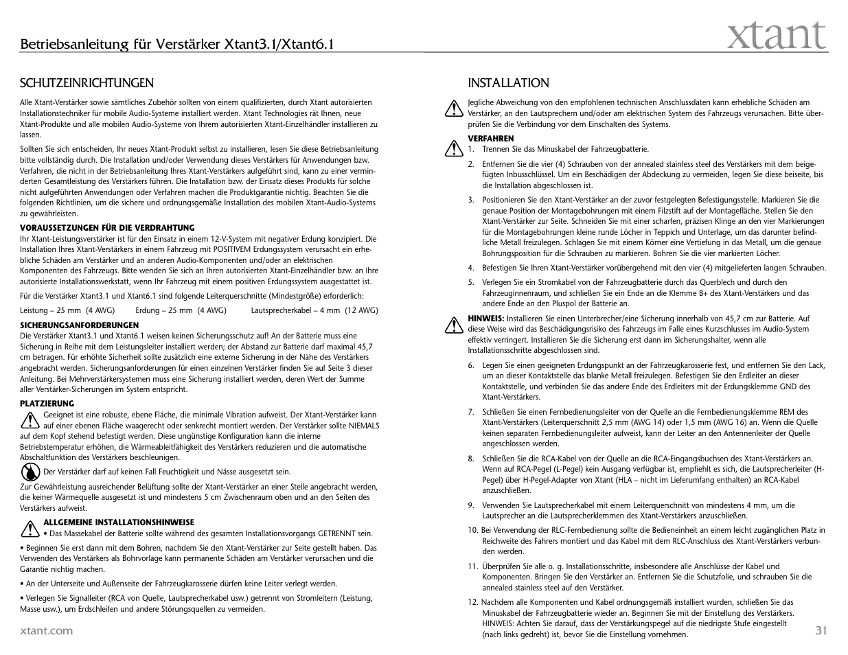 Betriebsanleitung für verstärker xtant3.1/xtant6.1, Installation, Schutzeinrichtungen | Xtant 6.1 User Manual | Page 16 / 19