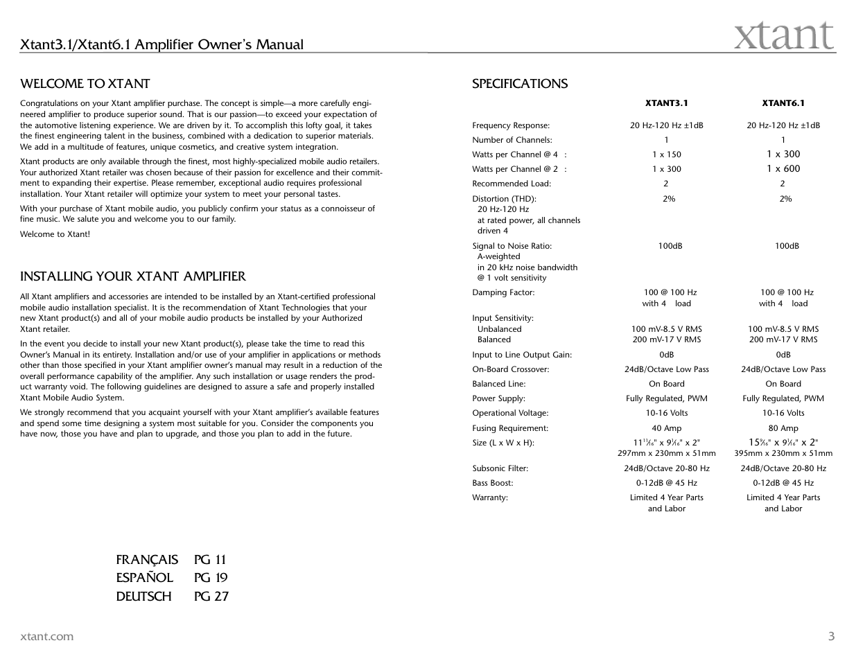 Xtant3.1/xtant6.1 amplifier owner’s manual, Welcome to xtant, Installing your xtant amplifier | Specifications | Xtant 6.1 User Manual | Page 2 / 19