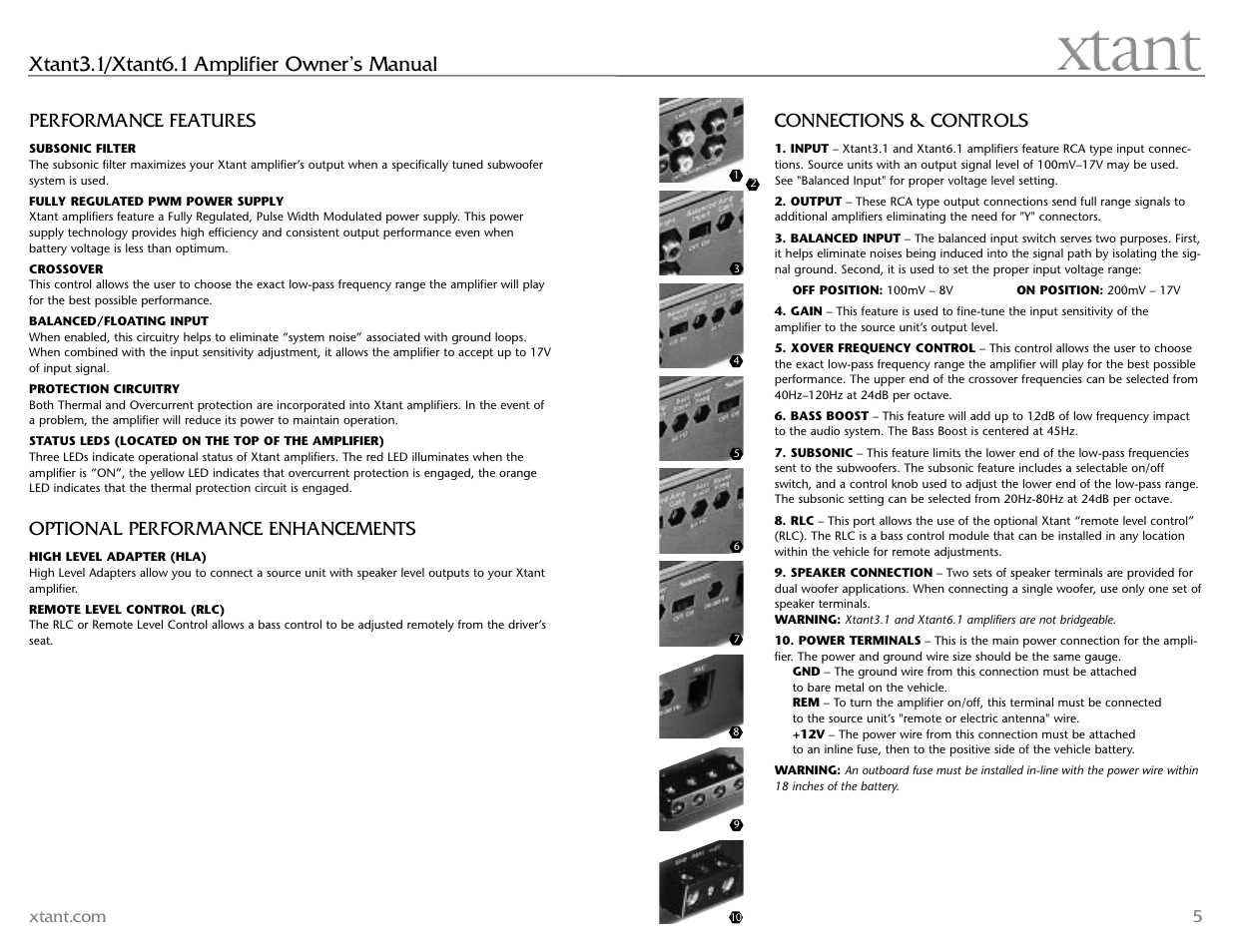 Xtant3.1/xtant6.1 amplifier owner’s manual, Connections & controls, Performance features | Optional performance enhancements | Xtant 6.1 User Manual | Page 3 / 19