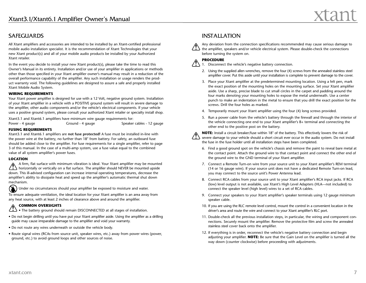 Xtant3.1/xtant6.1 amplifier owner’s manual, Safeguards, Installation | Xtant 6.1 User Manual | Page 4 / 19