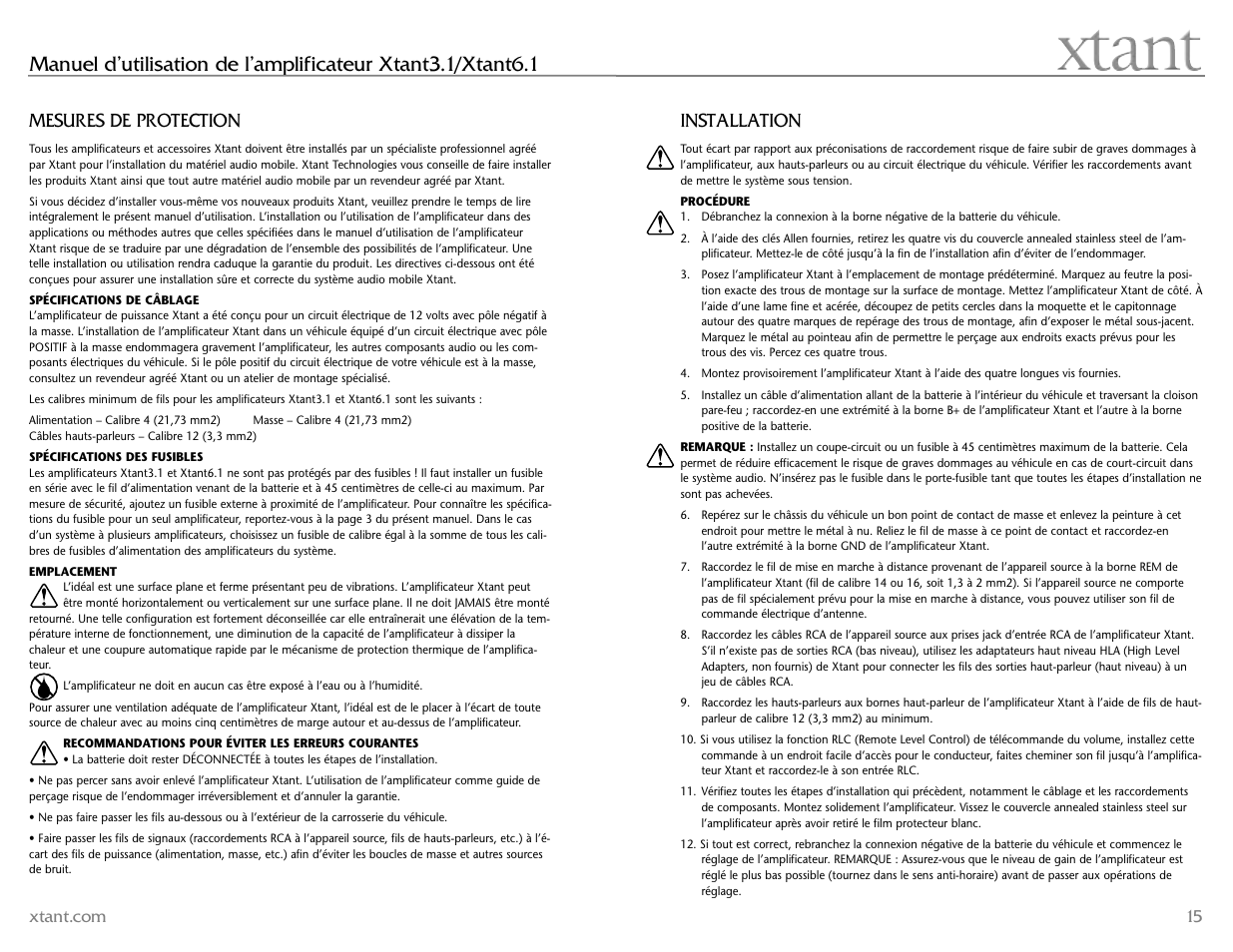 Mesures de protection, Installation | Xtant 6.1 User Manual | Page 8 / 19