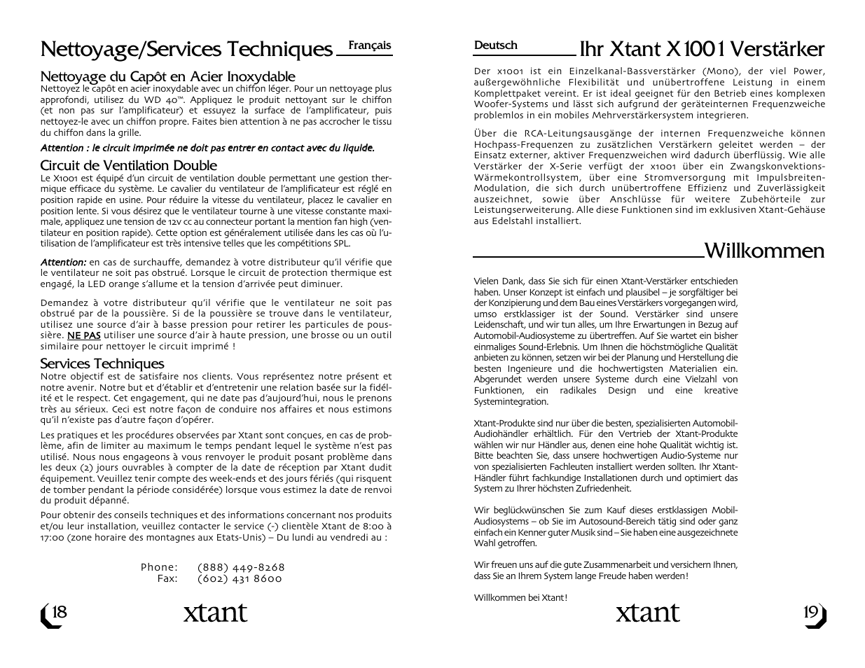 Nettoyage/services techniques, Ihr xtant x1001 verstärker, Willkommen | Xtant Model X1001 User Manual | Page 11 / 19