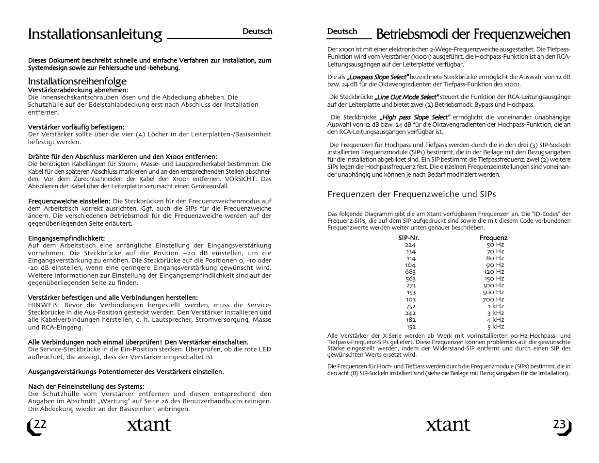 Betriebsmodi der frequenzweichen, Installationsanleitung | Xtant Model X1001 User Manual | Page 13 / 19