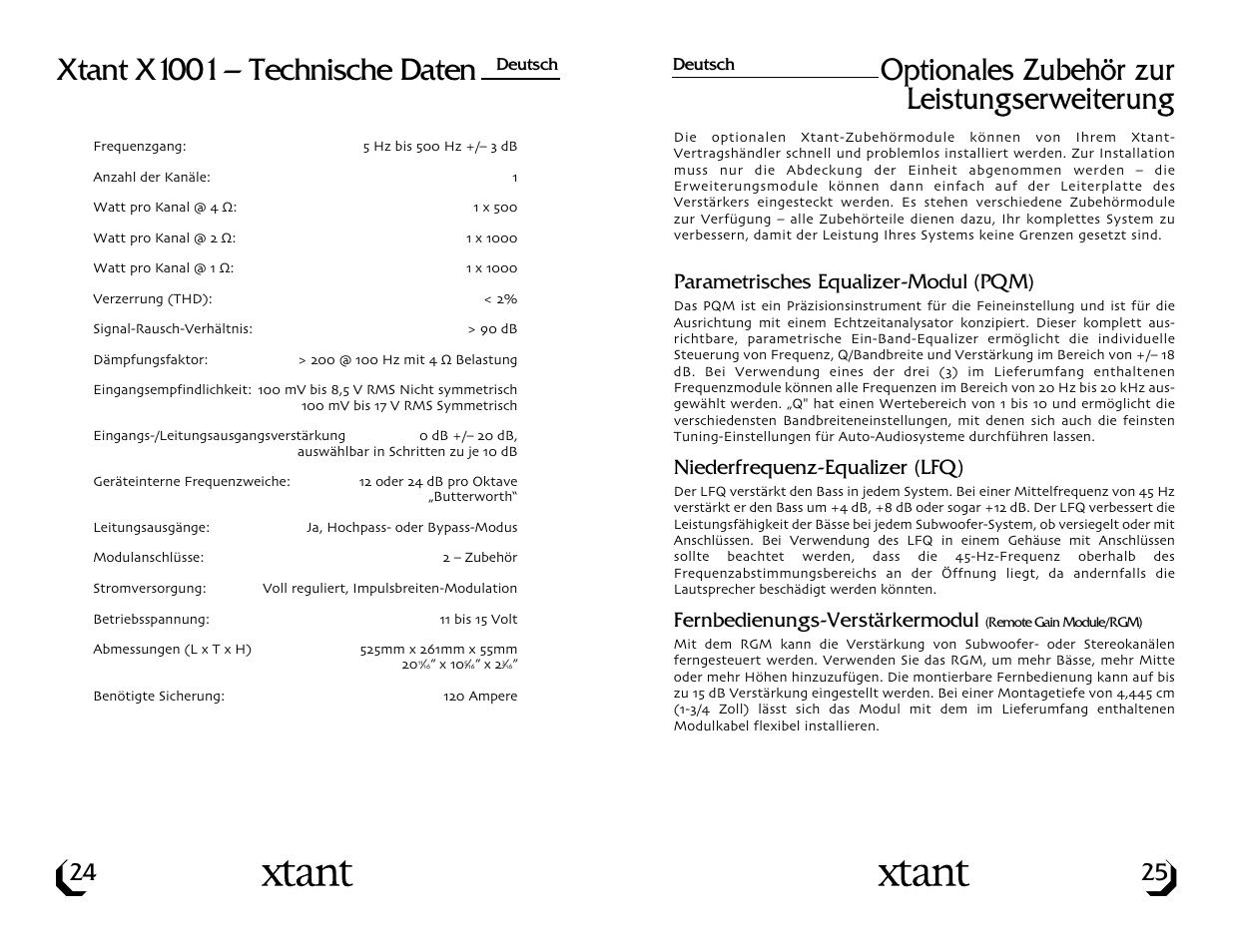 Xtant x1001 – technische daten, Optionales zubehör zur leistungserweiterung, Parametrisches equalizer-modul (pqm) | Niederfrequenz-equalizer (lfq), Fernbedienungs-verstärkermodul | Xtant Model X1001 User Manual | Page 14 / 19