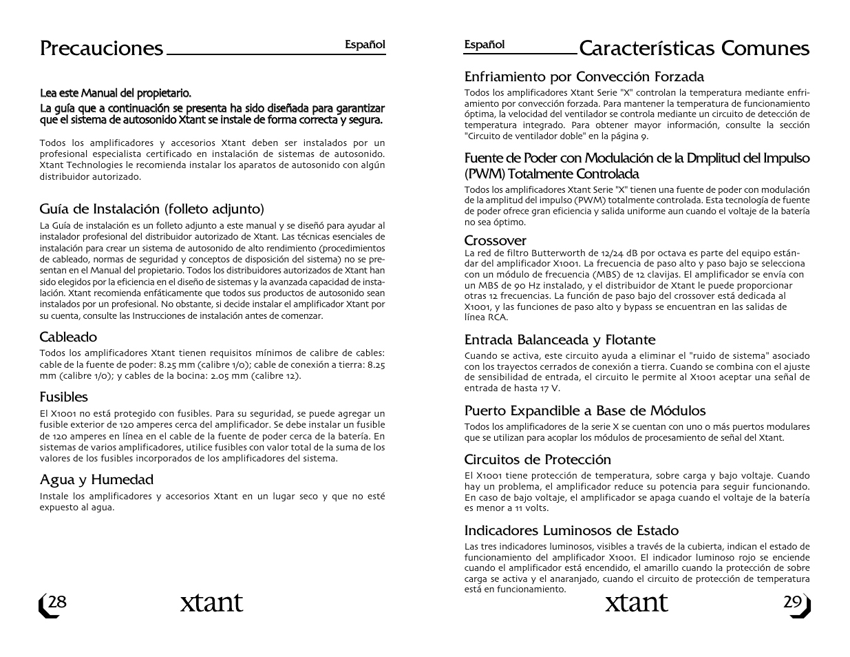 Precauciones, Características comunes | Xtant Model X1001 User Manual | Page 16 / 19