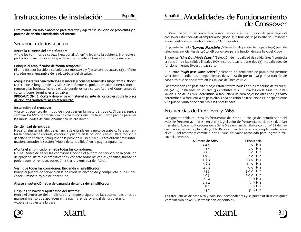 Instrucciones de instalación, Modalidades de funcionamiento de crossover | Xtant Model X1001 User Manual | Page 17 / 19