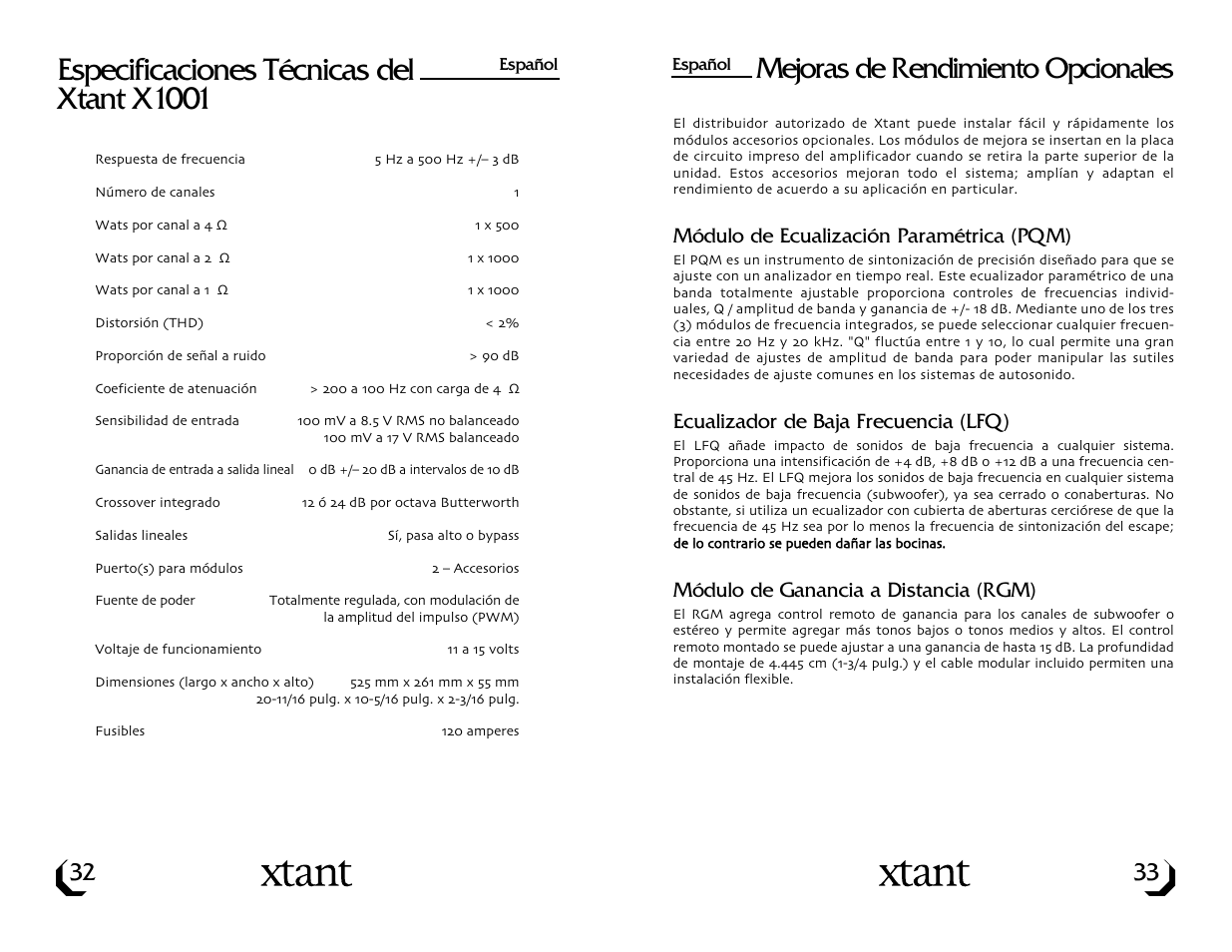 Especificaciones técnicas del xtant x1001, Mejoras de rendimiento opcionales | Xtant Model X1001 User Manual | Page 18 / 19