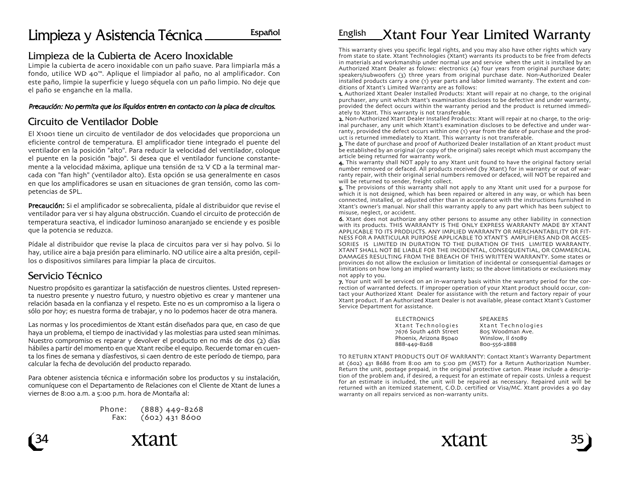 Limpieza y asistencia técnica, Xtant four year limited warranty | Xtant Model X1001 User Manual | Page 19 / 19